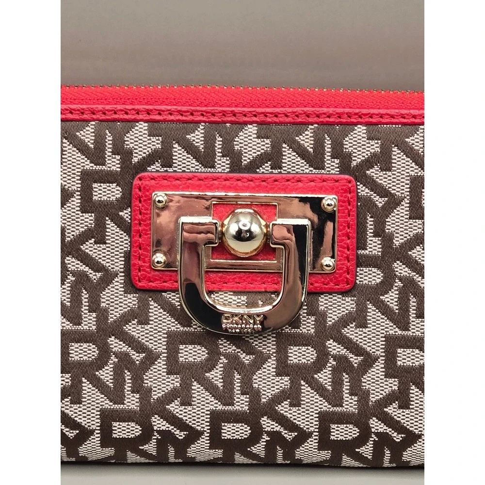 DKNY Donna Karan New York Logo Zip Around Wallet Red Brown